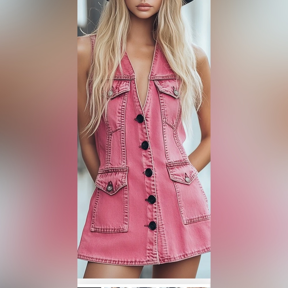 Oyrosy  dress : Chic pink denim button front sleeveless mini dress